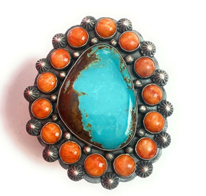 Navajo Orange Spiny, Turquoise & Sterling Silver Cuff Bracelet Signed