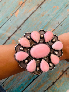 Navajo Queen Pink Conch Shell & Sterling Silver Cluster Cuff Bracelet Signed