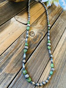 Vintage Navajo Handmade Sterling Silver & Turquoise Beaded Necklace