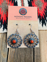 Load image into Gallery viewer, Navajo Coral &amp; Sterling Silver Flower Dangle Earrings By Kevin Billah