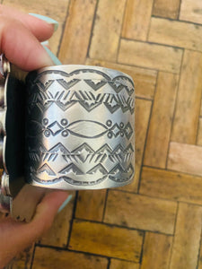 Navajo Wild Horse & Sterling Silver Cluster Cuff Bracelet Signed