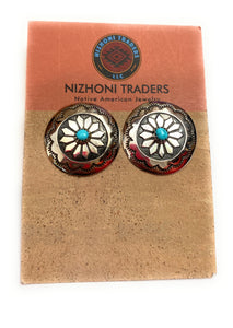 Navajo Turquoise & Hand Stamped Sterling Silver Concho Post Earrings