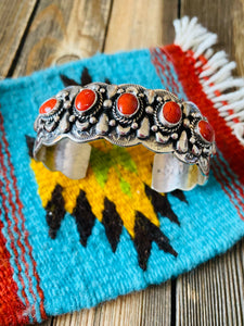 Navajo Coral & Sterling Silver Cuff Bracelet By Marcella James