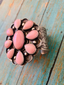 Navajo Queen Pink Conch Shell & Sterling Silver Cluster Cuff Bracelet Signed