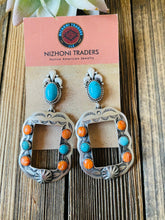 Load image into Gallery viewer, Navajo Turquoise, Spiny &amp; Sterling Silver Concho Dangle Earrings