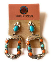 Load image into Gallery viewer, Navajo Turquoise, Spiny &amp; Sterling Silver Concho Dangle Earrings