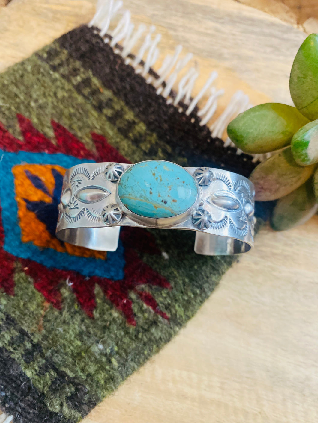 Navajo Sterling Silver & Carico Lake Turquoise Cuff Bracelet Signed