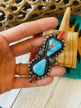 Load image into Gallery viewer, Navajo Sterling Kingman Turquoise &amp; Red Coral Ring Size 9 By Shawn Cayatineto
