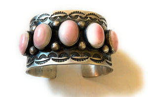 Navajo Queen Pink Conch Shell & Sterling Silver Cuff Bracelet Signed