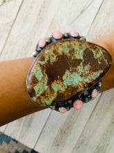 Load image into Gallery viewer, Navajo Turquoise, Queen Pink Conch Shell &amp; Sterling Silver Cuff Bracelet By Chimney Butte