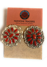 Load image into Gallery viewer, Vintage Navajo Sterling Silver &amp; Coral Cluster Post Earrings Signed