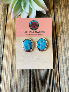 Navajo Kingman Turquoise & Sterling Silver Post Earrings Signed