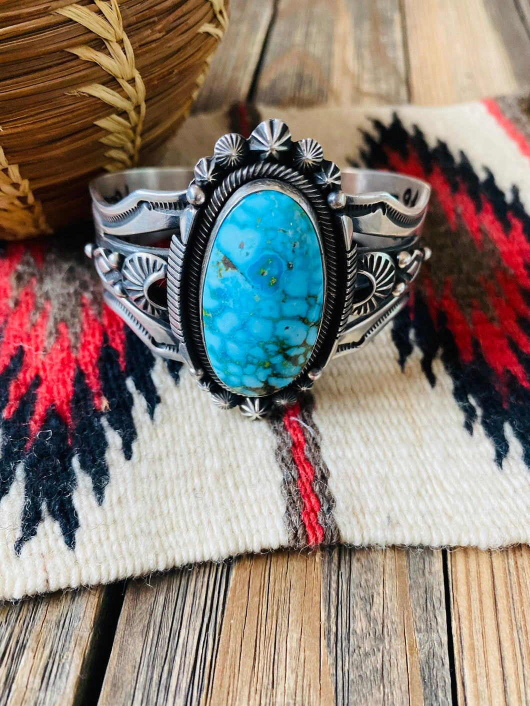 Navajo Kingman Web Turquoise & Sterling Silver Cuff Bracelet By Aaron Toadlena