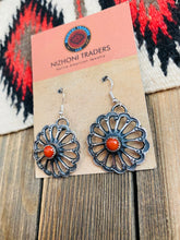 Load image into Gallery viewer, Navajo Coral &amp; Sterling Silver Flower Dangle Earrings By Kevin Billah