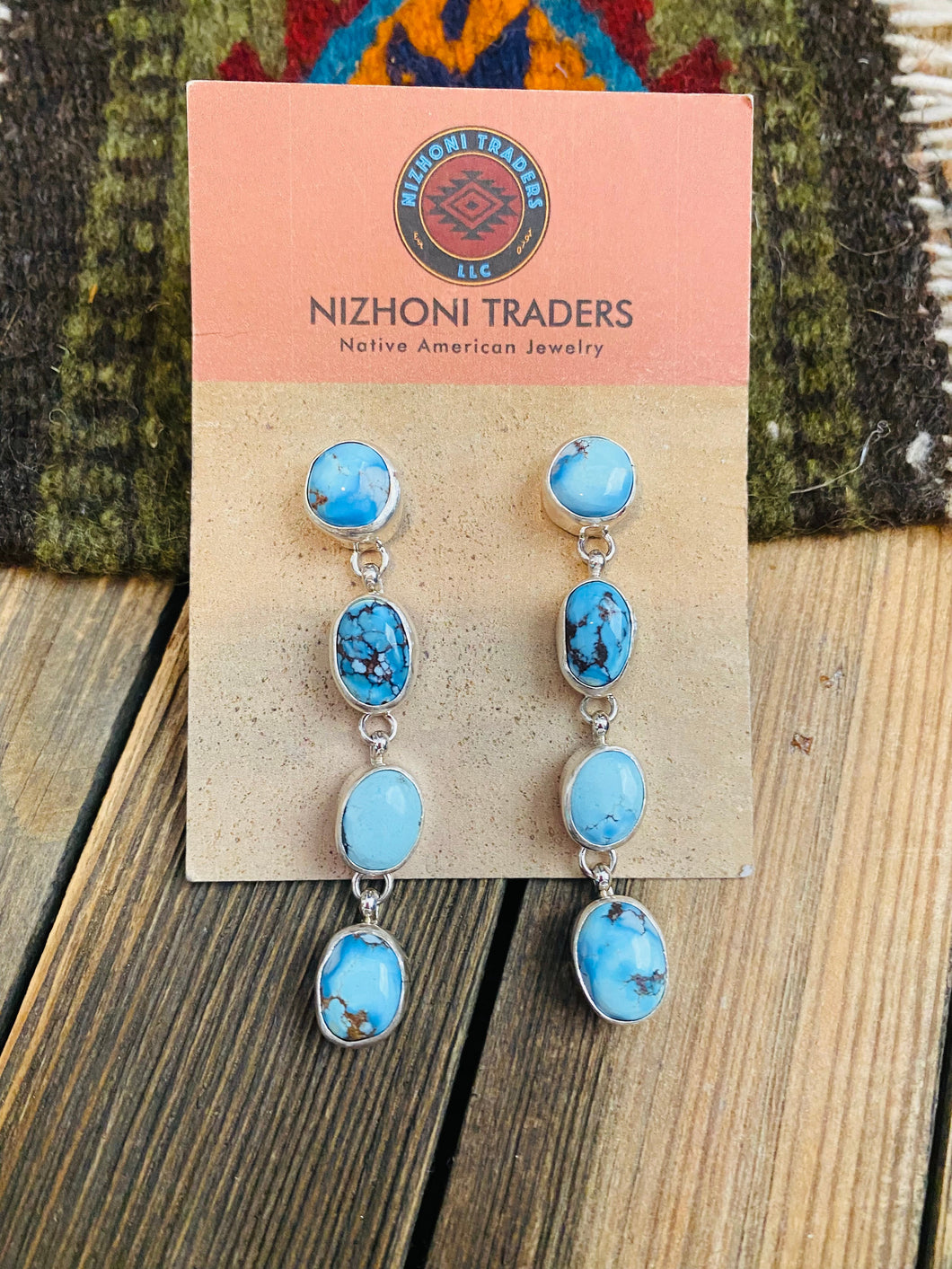 Navajo Sterling Silver & Golden Hills Turquoise Dangle Earrings Signed