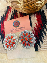 Load image into Gallery viewer, Vintage Navajo Sterling Silver &amp; Coral Cluster Post Earrings Signed