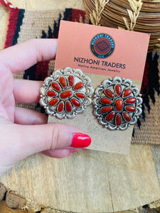 Vintage Navajo Sterling Silver & Coral Cluster Post Earrings Signed