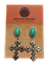 Load image into Gallery viewer, Navajo Turquoise &amp; Sterling Silver Cross Dangle Earrings