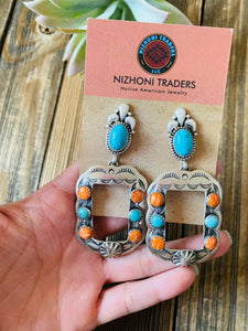 Navajo Turquoise, Spiny & Sterling Silver Concho Dangle Earrings