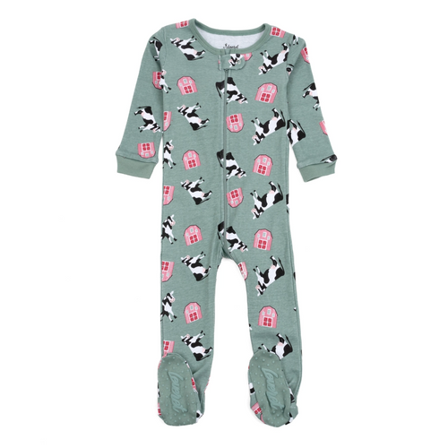 Pajamas - Kids Footed Cotton Cow (Green)