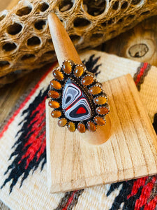 Handmade Sterling Silver, Fordite & Garnet Cluster Adjustable Ring