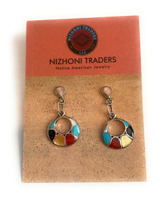 Zuni Sterling Silver & Multi Stone Inlay Dangle Earrings
