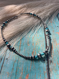 Navajo Sterling Silver & Turquoise Beaded Necklace 14”