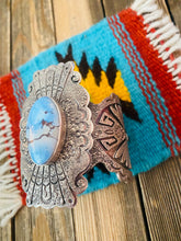 Load image into Gallery viewer, Navajo Golden Hills Turquoise &amp; Sterling Silver Tufa Cast Cuff Bracelet Signed