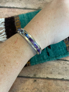 Navajo Handmade Sterling & Blue Opal Web Inlay Cuff Bracelet