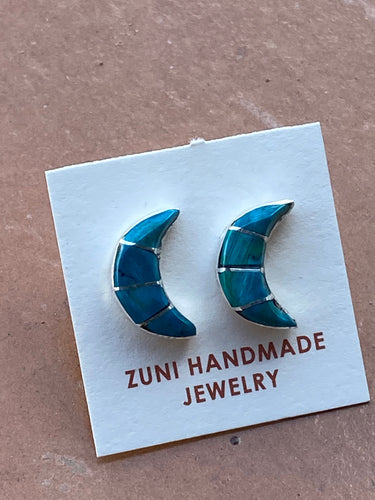 Zuni Sterling Silver & Malachite Inlay Moon Stud Earrings
