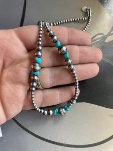 Navajo Sterling Silver & Turquoise Beaded Necklace 16”