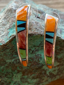 Turquoise Orange Spiny Half Hoop Stud Earrings