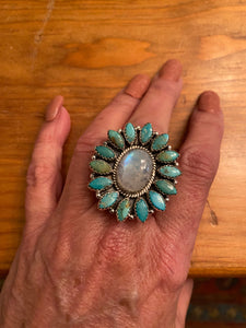 Handmade Sterling Silver Royston Turquoise & Aqua Calcedony Cluster Adjustable Ring Signed Nizhoni