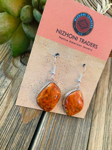 Navajo Sterling Silver & Orange Spiny Dangle Earrings