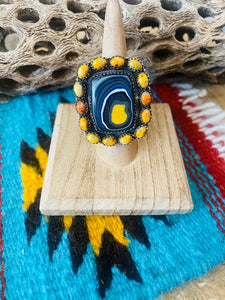 Handmade Sterling Silver, Fordite & Orange Mohave Cluster Adjustable Ring