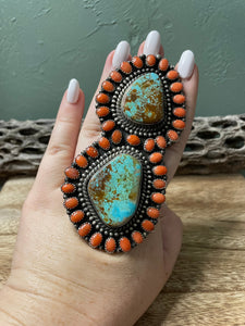 Navajo Sterling Silver Turquoise And Orange Spiny Statement Ring Sz 10