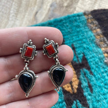 Load image into Gallery viewer, Beautiful Navajo Sterling Silver, Coral &amp; Black Onyx Dangle Earrings Signed