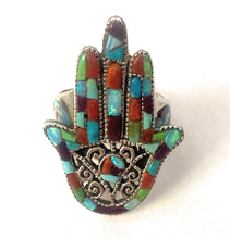 Load image into Gallery viewer, Handmade Sterling Silver &amp; Multi Stone Inlay Hamsa Hand Ring Size 9