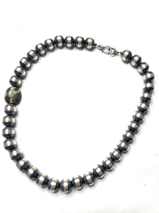 Navajo Sterling Silver Pearl 12mm Beaded Necklace With Natural #8 Stone 18INCH