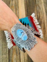 Load image into Gallery viewer, Navajo Golden Hills Turquoise &amp; Sterling Silver Tufa Cast Cuff Bracelet Signed