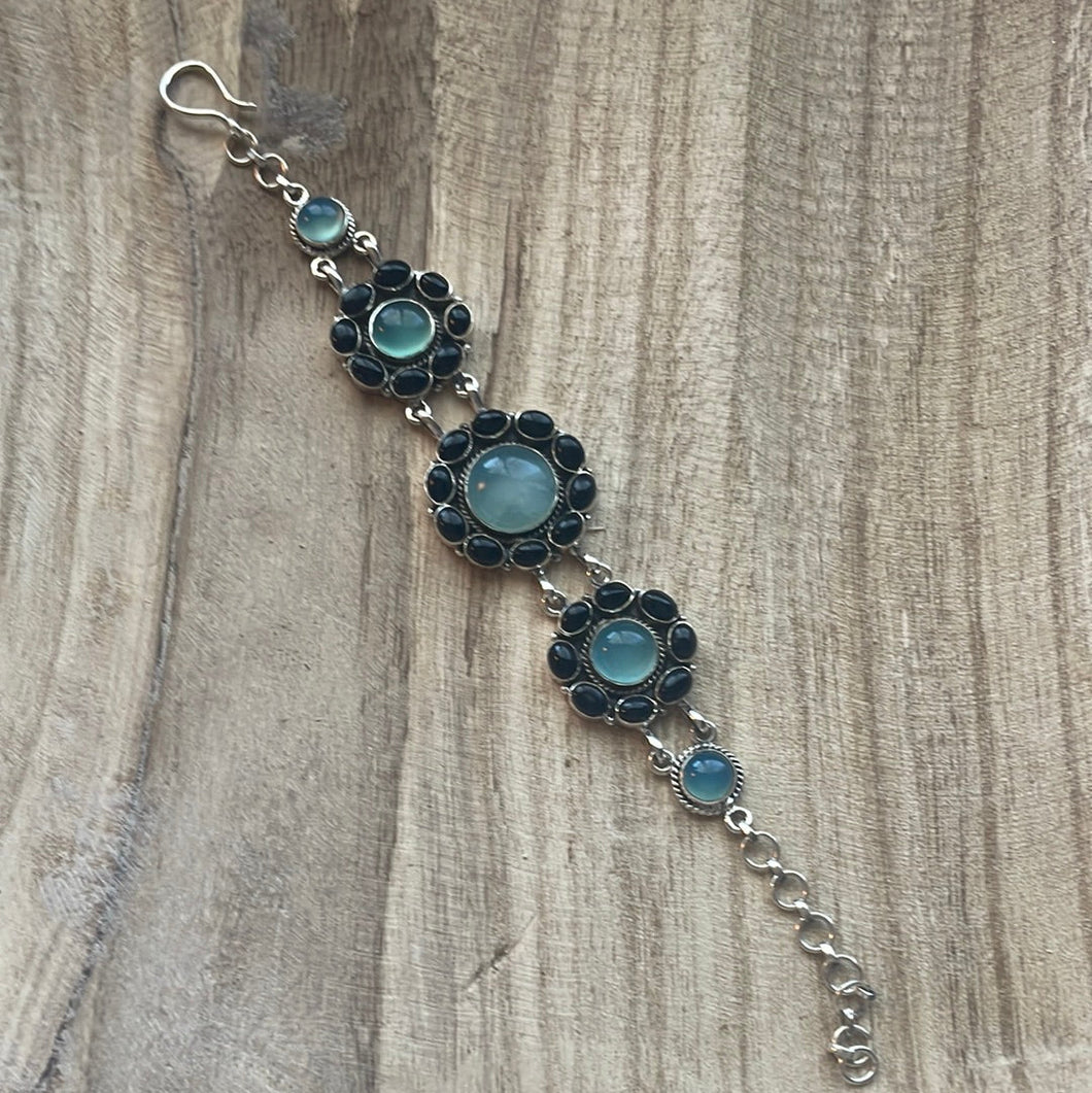 Handmade Sterling Silver, Onyx & Aqua Calcedony Bracelet Signed Nizhoni