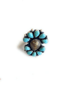 Navajo Sterling Silver, Tibetan Turquoise & Turquoise Cluster Adjustable Ring
