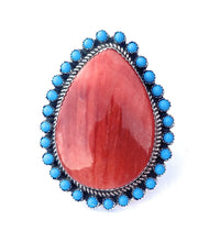 Load image into Gallery viewer, Navajo Red Spiny, Turquoise &amp; Sterling Silver Adjustable Ring