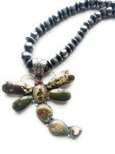 Load image into Gallery viewer, Navajo Sterling Silver, Turquoise &amp; Coral Dragonfly Necklace By Patrick Yazzie