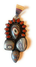 Load image into Gallery viewer, Handmade Sterling Silver, Fordite &amp; Coral Cluster Pendant