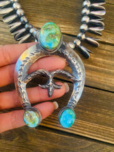 Load image into Gallery viewer, Navajo Sonoran Mountain Turquoise &amp; Sterling Silver Squash Blossom Necklace