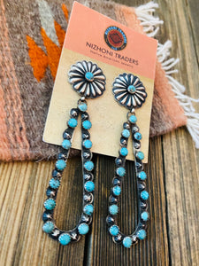 Navajo Sterling Silver & Turquoise Concho Dangle Earrings By Eugene Charley