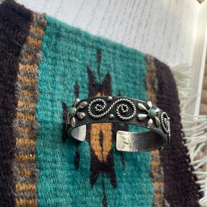 Navajo Sterling Silver & Turquoise Flower Swirl Bracelet Cuff Signed
