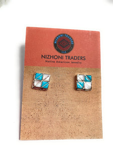 Zuni Sterling Silver, Mother of Pearl & Turquoise Inlay Stud Earrings