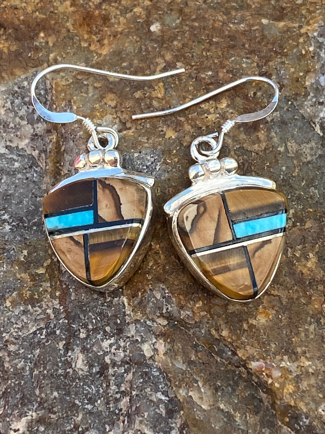 Navajo Turquoise, Onyx, Petrified Wood & Sterling Silver Dangle Earrings